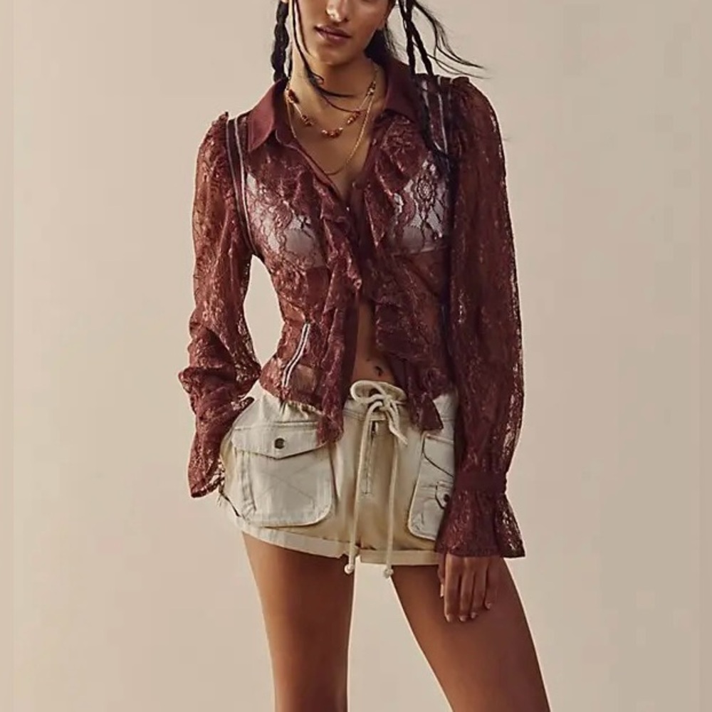 Free People This Shirt Tho Burgundy Ruffle Top